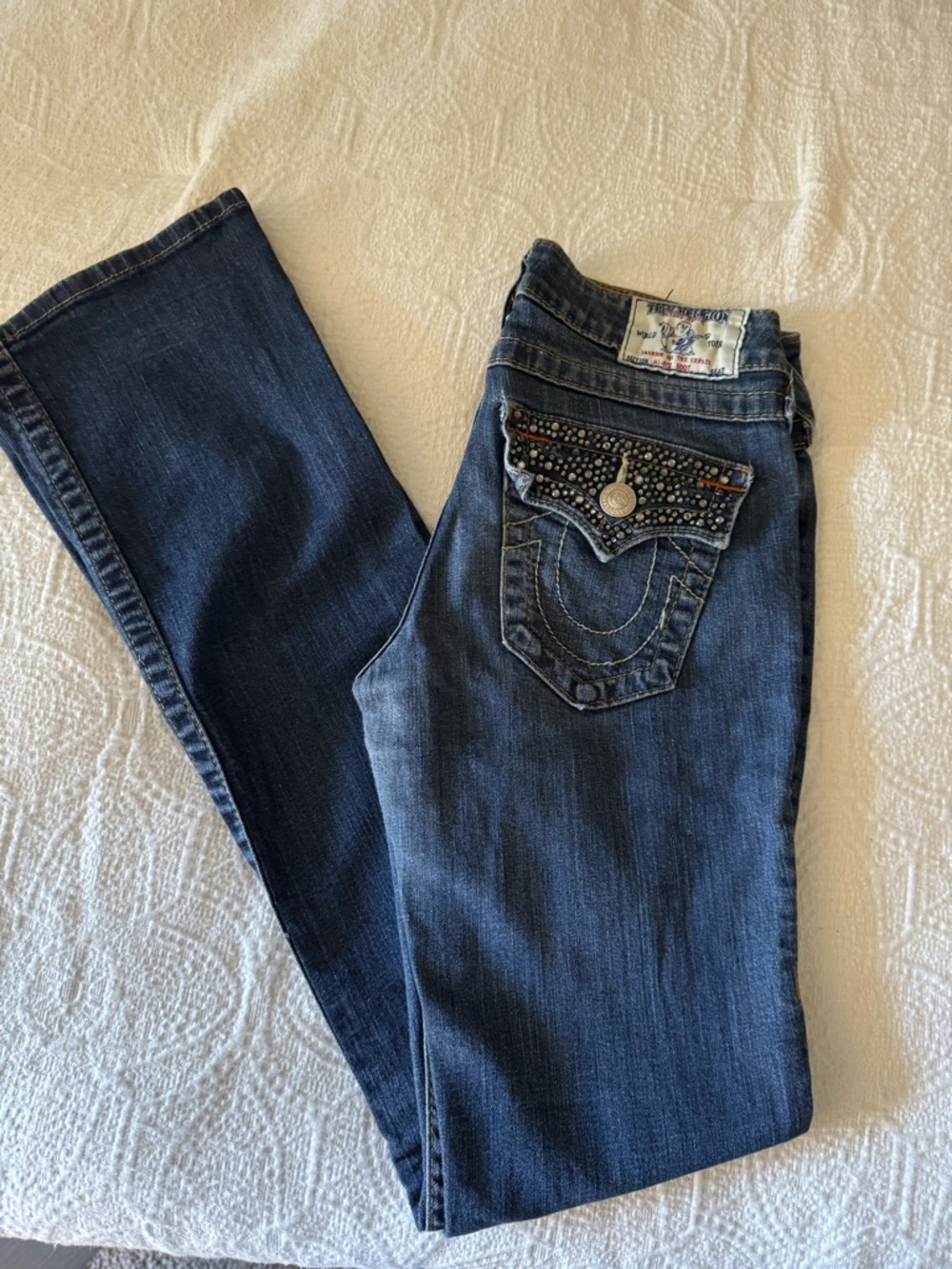 True Religion Women’s Dark Blue Boot Cut Jeans with Embellished Back Pocket